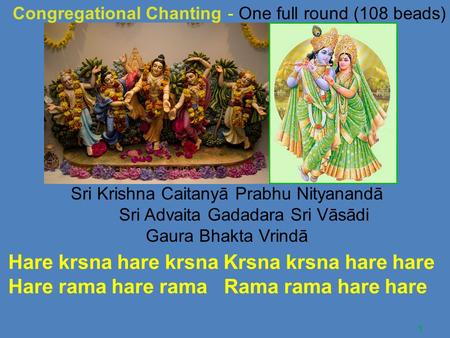 1 Sri Krishna Caitanyā Prabhu Nityanandā Sri Advaita Gadadara Sri Vāsādi Gaura Bhakta Vrindā Hare krsna hare krsna Krsna krsna hare hare Hare rama hare.