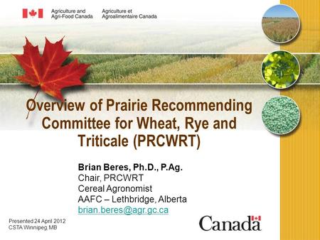 Overview of Prairie Recommending Committee for Wheat, Rye and Triticale (PRCWRT) Brian Beres, Ph.D., P.Ag. Chair, PRCWRT Cereal Agronomist AAFC – Lethbridge,