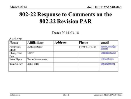 Submission doc.: IEEE 22-13/0168r1 March 2014 Apurva N. Mody, BAE SystemsSlide 1 802-22 Response to Comments on the 802.22 Revision PAR Date: 2014-03-18.