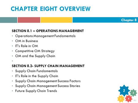 Chapter 8 8-1 CHAPTER EIGHT OVERVIEW SECTION 8.1 – OPERATIONS MANAGEMENT Operations Management Fundamentals OM in Business IT’s Role in OM Competitive.