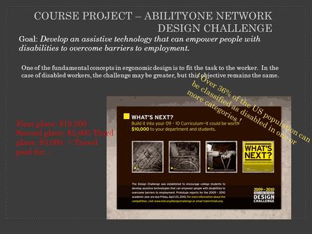 COURSE PROJECT – ABILITYONE NETWORK DESIGN CHALLENGE Goal: Develop an assistive technology that can empower people with disabilities to overcome barriers.