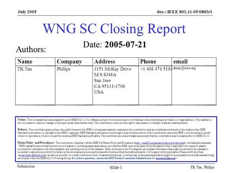 Doc.: IEEE 802.11-05/0803r1 Submission July 2005 TK Tan, Philips Slide 1 WNG SC Closing Report Notice: This document has been prepared to assist IEEE 802.11.