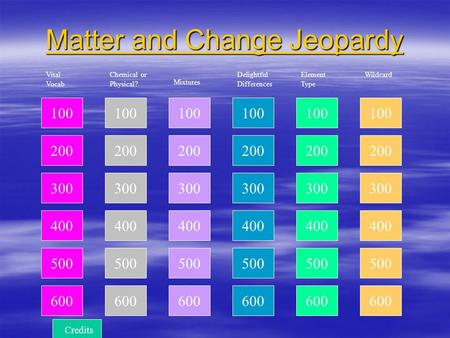 100 200 300 400 Chemical or Physical? Mixtures Delightful Differences Element Type Wildcard Matter and Change Jeopardy Matter and Change Jeopardy Vital.