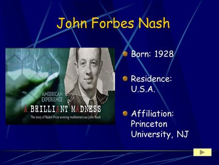 John Forbes Nash Born: 1928 Residence: U.S.A. Affiliation: Princeton University, NJ.