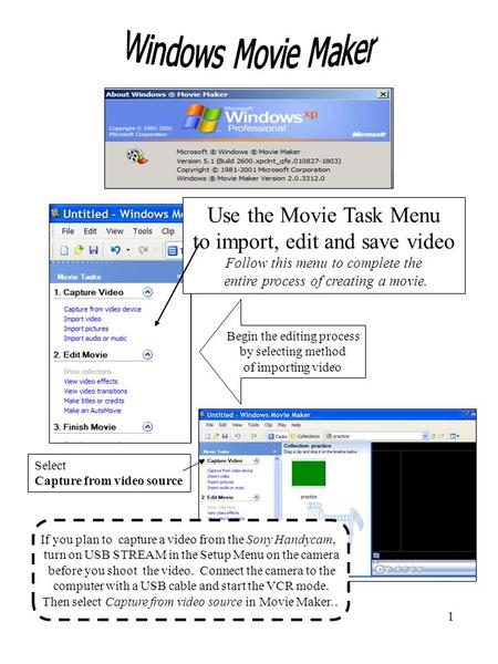 1 Begin the editing process by selecting method of importing video Use the Movie Task Menu to import, edit and save video Follow this menu to complete.