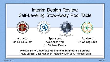 Interim Design Review: Self-Leveling Stow-Away Pool Table Beyond Innovation, LLC Sponsors: Alexander York Dr. Michael Devine Florida State University Mechanical.