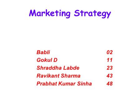 Marketing Strategy Babli02 Gokul D11 Shraddha Labde23 Ravikant Sharma43 Prabhat Kumar Sinha48.