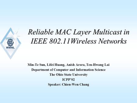 Reliable MAC Layer Multicast in IEEE 802.11Wireless Networks Min-Te Sun, Lifei Huang, Anish Arora, Ten-Hwang Lai Department of Computer and Information.