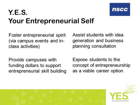 Y.E.S. Your Entrepreneurial Self Foster entrepreneurial spirit (via campus events and in- class activities) Provide campuses with funding dollars to support.