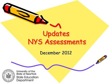 Updates NYS Assessments December 2012. Changes to NYSESLAT Phase 1: Tests administered in 2013 and 2014 –Aligned to existing ESL standards –Moving towards.