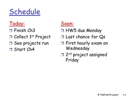 4: Network Layer4-1 Schedule Today: r Finish Ch3 r Collect 1 st Project r See projects run r Start Ch4 Soon: r HW5 due Monday r Last chance for Qs r First.