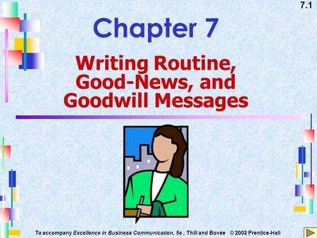 7.1 To accompany Excellence in Business Communication, 5e, Thill and Bovée © 2002 Prentice-Hall Chapter 7 Writing Routine, Good-News, and Goodwill Messages.