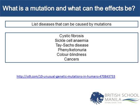 List diseases that can be caused by mutations Cystic fibrosis Sickle cell anaemia Tay-Sachs disease Phenylketonuria Colour-blindness Cancers