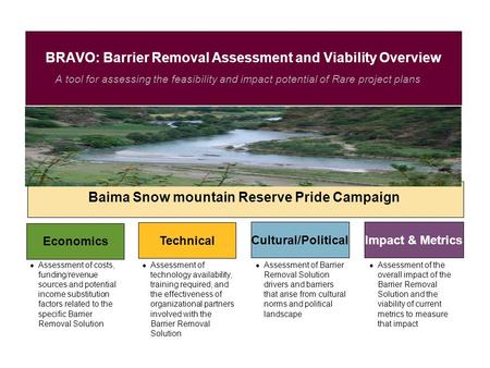 A tool for assessing the feasibility and impact potential of Rare project plans BRAVO: Barrier Removal Assessment and Viability Overview Baima Snow mountain.