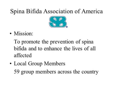 Spina Bifida Association of America Mission: To promote the prevention of spina bifida and to enhance the lives of all affected Local Group Members 59.