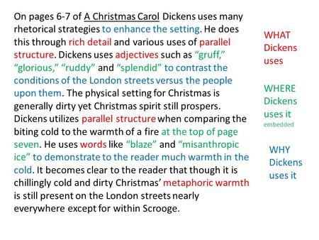 On pages 6-7 of A Christmas Carol Dickens uses many rhetorical strategies to enhance the setting. He does this through rich detail and various uses of.