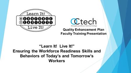 “Learn It! Live It!” Ensuring the Workforce Readiness Skills and Behaviors of Today’s and Tomorrow’s Workers Quality Enhancement Plan Faculty Training.