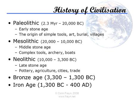 © Colin Frayn, 2008 www.frayn.net History of Civilisation Paleolithic (2.3 Myr – 20,000 BC) –Early stone age –The origin of simple tools, art, burial,