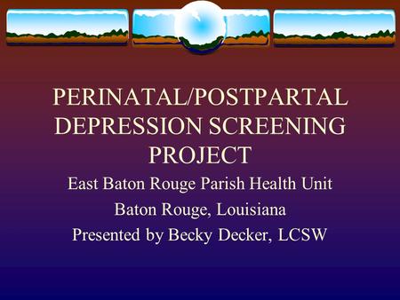 PERINATAL/POSTPARTAL DEPRESSION SCREENING PROJECT East Baton Rouge Parish Health Unit Baton Rouge, Louisiana Presented by Becky Decker, LCSW.