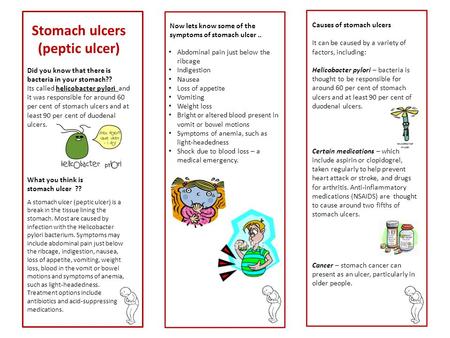 Stomach ulcers (peptic ulcer) Did you know that there is bacteria in your stomach?? Its called helicobacter pylori and it was responsible for around 60.