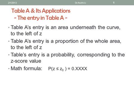 Table A & Its Applications - The entry in Table A - Table A’s entry is an area underneath the curve, to the left of z Table A’s entry is a proportion of.