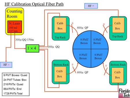 N 2 Laser 300  QQ 150m HF  HF + 9 PMT Boxes 9 600  QP Calib Box 1  4 Counting Room HF Calibration Optical Fiber Path 9 PMT Boxes / Quad 24 PMT Tubes.