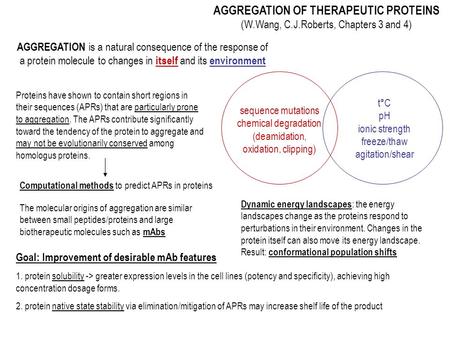 AGGREGATION OF THERAPEUTIC PROTEINS (W.Wang, C.J.Roberts, Chapters 3 and 4) AGGREGATION is a natural consequence of the response of a protein molecule.