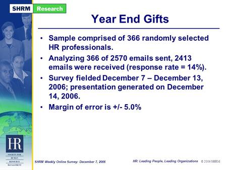 HR: Leading People, Leading Organizations © 2006 SHRM SHRM Weekly Online Survey: December 7, 2006 Year End Gifts Sample comprised of 366 randomly selected.