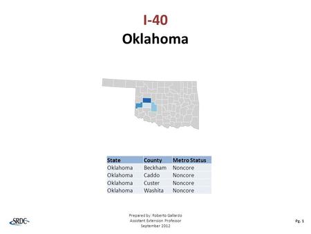 I-40 Oklahoma Pg. 1 Prepared by: Roberto Gallardo Assistant Extension Professor September 2012 StateCountyMetro Status OklahomaBeckhamNoncore OklahomaCaddoNoncore.