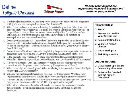 Define Tollgate Checklist