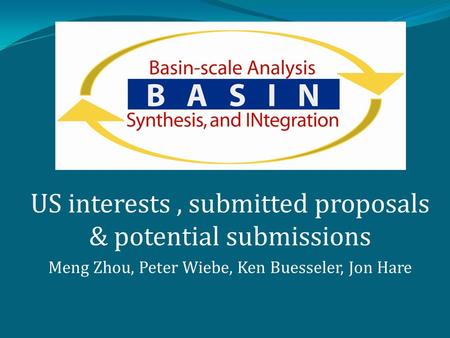 US interests, submitted proposals & potential submissions Meng Zhou, Peter Wiebe, Ken Buesseler, Jon Hare.