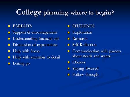 College planning-where to begin? PARENTS PARENTS Support & encouragement Support & encouragement Understanding financial aid Understanding financial aid.