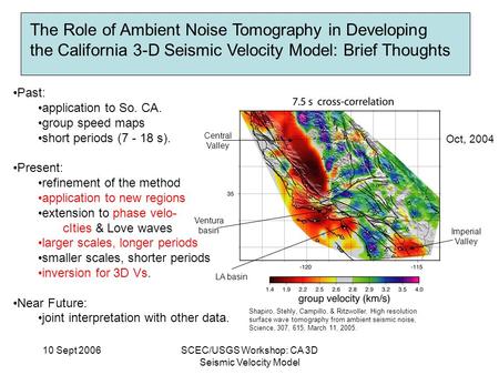 10 Sept 2006SCEC/USGS Workshop: CA 3D Seismic Velocity Model The Role of Ambient Noise Tomography in Developing the California 3-D Seismic Velocity Model: