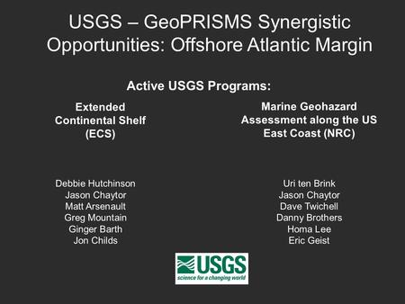 USGS – GeoPRISMS Synergistic Opportunities: Offshore Atlantic Margin Debbie Hutchinson Jason Chaytor Matt Arsenault Greg Mountain Ginger Barth Jon Childs.