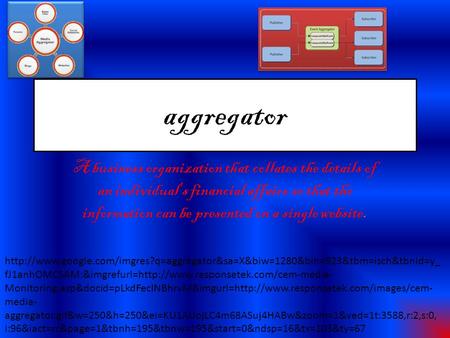 Aggregator A business organization that collates the details of an individual's financial affairs so that the information can be presented on a single.