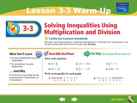 ALGEBRA 1 Lesson 3-3 Warm-Up. ALGEBRA 1 Lesson 3-3 Warm-Up.