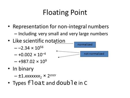 Floating Point Representation for non-integral numbers – Including very small and very large numbers Like scientific notation – –2.34 × 10 56 – +0.002.