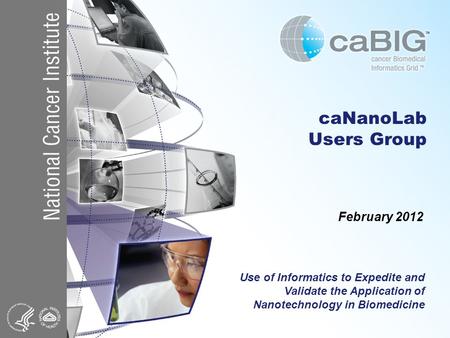 CaNanoLab Users Group February 2012 Use of Informatics to Expedite and Validate the Application of Nanotechnology in Biomedicine.