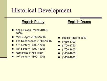 Historical Development English Poetry Anglo-Saxon Period (0450- 1066) Middle Ages (1066-1500) The Renaissance (1500-1660) 17 th century (1600-1700) 18.