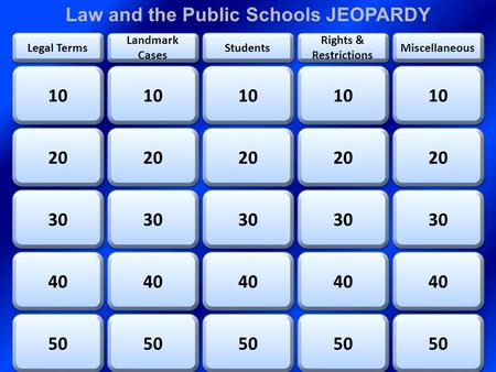 Miscellaneous Legal Terms Landmark Cases Students Rights & R estrictions 10 20 30 40 50 40 30 20 10 50 40 30 20 10 50 40 30 20 10 50 40 30 20 10 Law and.