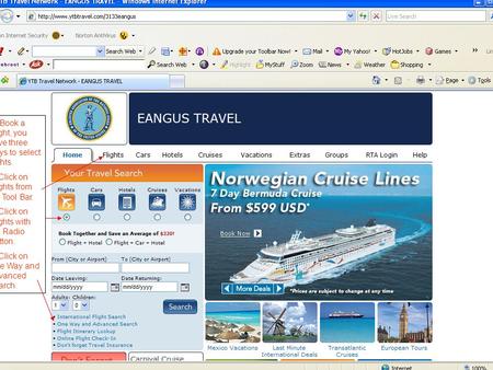 To Book a Flight, you have three ways to select flights. 1) Click on Flights from the Tool Bar. 2) Click on Flights with the Radio Button. 3) Click on.