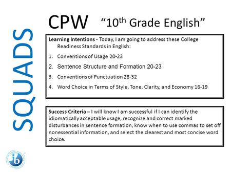 SQUADS Learning Intentions - Today, I am going to address these College Readiness Standards in English: 1.Conventions of Usage 20-23 2.Sentence Structure.