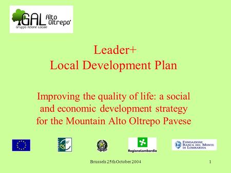 Brussels 25th October 20041 Leader+ Local Development Plan Improving the quality of life: a social and economic development strategy for the Mountain Alto.