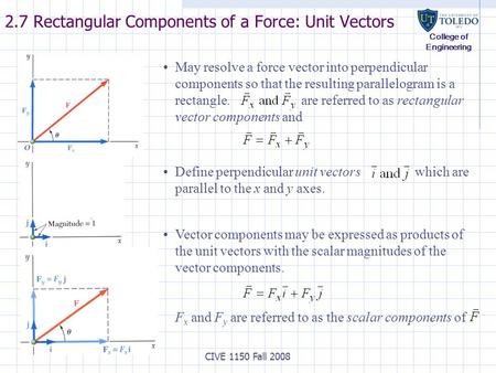 College of Engineering CIVE 1150 Fall 2008 2.7 Rectangular Components of a Force: Unit Vectors Vector components may be expressed as products of the unit.