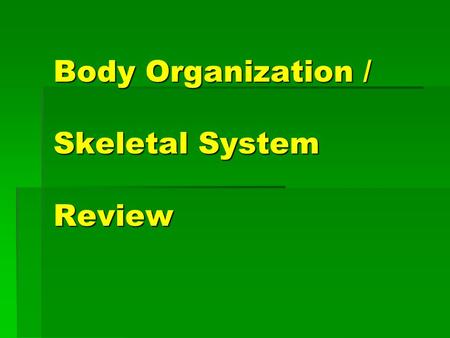 Body Organization / Skeletal System Review. What to know!  Cells  Tissues  All 11 organ systems and their function  Bones  Names of all 20 bones.