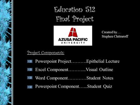 Project Components: Powerpoint Project……….Epithelial Lecture Excel Component………...Visual Outline Word Component…………Student Notes Powerpoint Component…...Student.