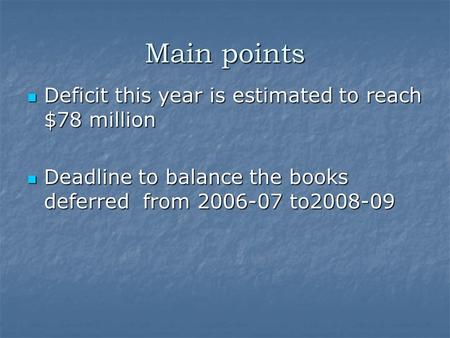 Main points Deficit this year is estimated to reach $78 million Deficit this year is estimated to reach $78 million Deadline to balance the books deferred.