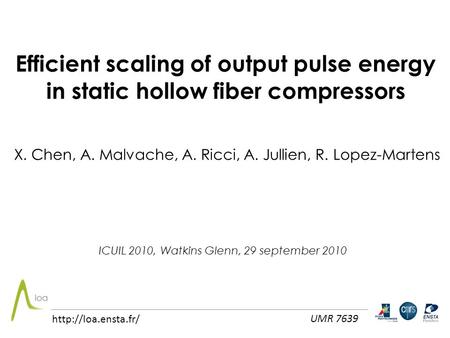 Efficient scaling of output pulse energy in static hollow fiber compressors X. Chen, A. Malvache, A. Ricci, A. Jullien, R. Lopez-Martens ICUIL 2010, Watkins.