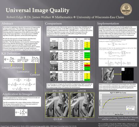 Robert Edge  Dr. James Walker  Mathematics  University of Wisconsin-Eau Claire Universal Image Quality PSNR IQI BEST IQI BOATASWDRJPEGASWDRJPEG 1:838.8739.220.76.