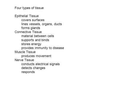 Four types of tissue Epithelial Tissue covers surfaces lines vessels, organs, ducts forms glands Connective Tissue material between cells supports and.